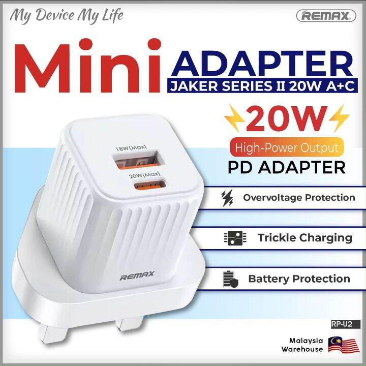 REMAX RP-U2 Fast Charging Adapter 20W PD+QC Port Type-C+USB Super Mini ...