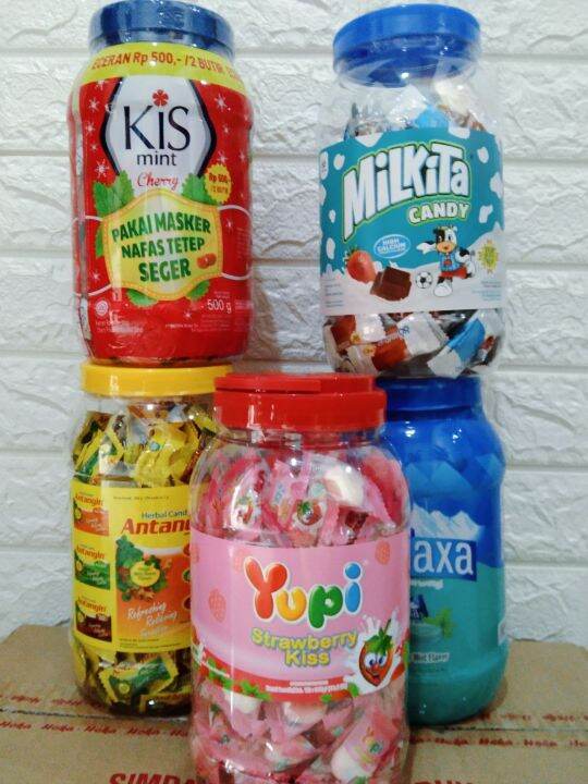 Promo 5 Toples Permenmint Yupi Kenyal Strawberry Dan Milkita Susu Cod