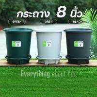 กระถางต้นไม้พลาสติก อย่างดี ??ขนาด 8 นิ้ว + ถาดรอง สีเขียวเข้ม ?พร้อมส