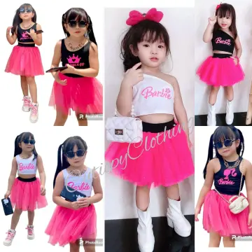 Trendy Barbie Pink Black Puff Top and Skirt for Kids Girls Dresses