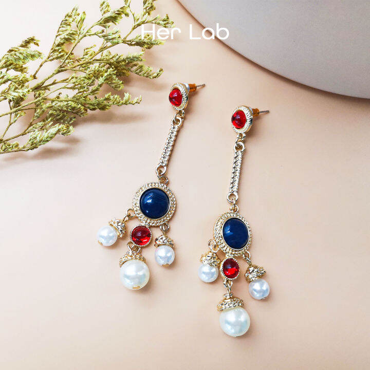 Her Lab Jewelry 14K Gold Plated Earrings, Blue Red Crystal Diamond