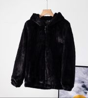 เสื้อฮู้ดขน กันหนาว  ฮู้ดขนสีดำ  fluffy faux fur ขนหนานุ่ม fluffy jacket (Wy900)