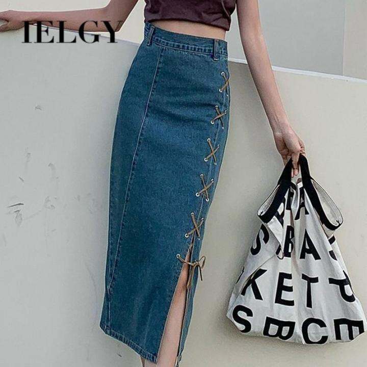 IELGY High Waist MidLength Denim Skirt Large Size Split Strap Skirt