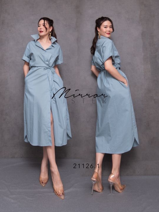 mirrorsister-21126-1-เดรสเชิ้ตแขนสั้น-เดรสผูกเอว-ชุดทำงาน-ชุดไปเที่ยว-ชุดไปงาน-เดรสแขนสั้น-เดรสคอปก