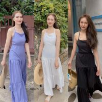 W12(13690)?เดรสยาวสายเดี่ยว ร้อยเชือกหลัง ยางยืดรอบเอวใส่เข้ารูปสวยมาก ตัวเดรสแต่งระบายชั้นๆ