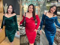 เดรสสาวอวบ  เดรสกำมะหยี่  เดรสพรางหุ่น Velvet dress  เดรสกำมะหยี่ ปาดไหล่ ย่นหน้าพรางหุ่นค่ะ