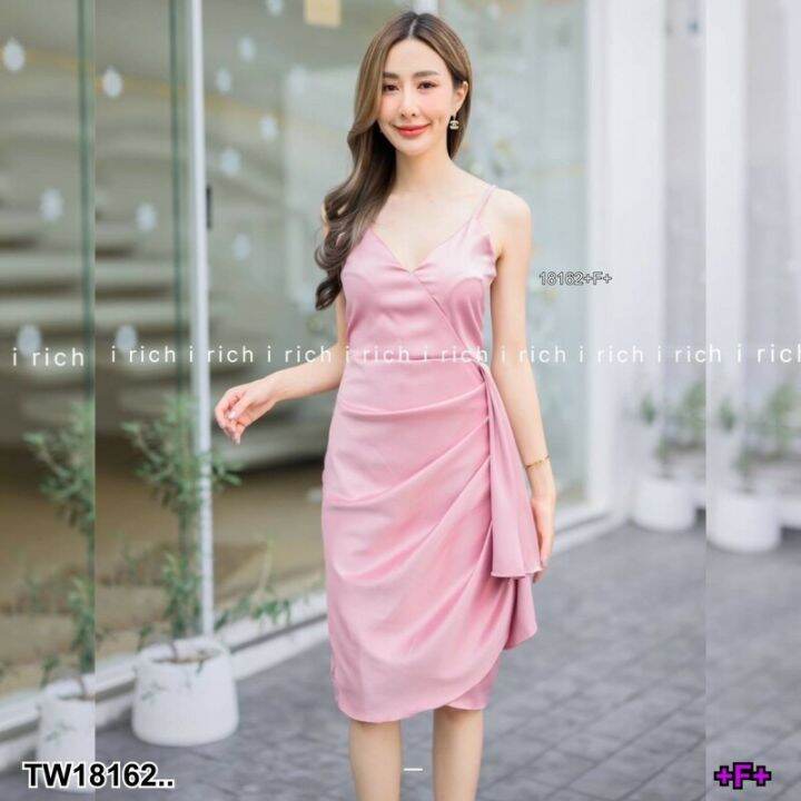 18162-dress-เดรสสายเดี่ยว-แต่งจีบระบายตรงเอว-ผ้าซาร่าเงา-มีซิปหลัง