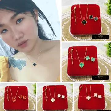 Clover Necklace and Earrings Set Green 18K SD GOLD
