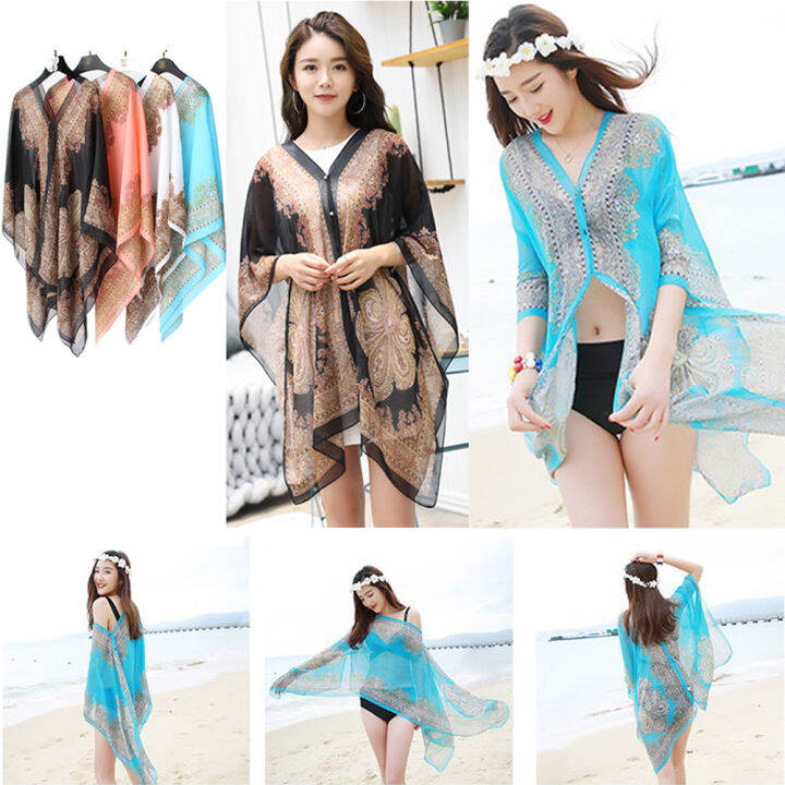 Women Sunscreen shawl wraps Floral Print Lightweight Chiffon Cardigan Short  Sleeve Loose Beach sun protection Wear office shawl Cover Up Blouse Top |  Lazada PH