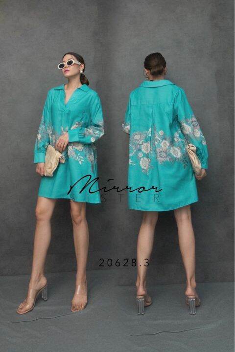 mirrorsister-20628-3-เดรสเชิ้ตคอวีมีปก-เดรสสั้น-มินิเดรส-เดรสแขนยาว-ชุดไปเที่ยว-เดรสลายดอก-ชุดทำงาน-เดรสสีสดใส