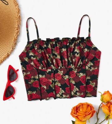 พร้อมส่งด่วนจากไทย ป้าย SHEIN เสื้อครอป เสื้อสายเดี่ยว เสื้อท็อป สีดำ ลายดอกไม้ กุหลาบ สีแดง แต่งจีบย่นที่อก สายปรับได้