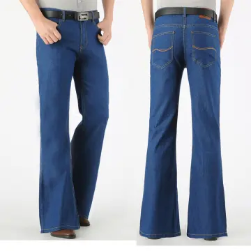 Men Denim Pants Flared Bootcut Jeans Loose Trousers Slit Bell