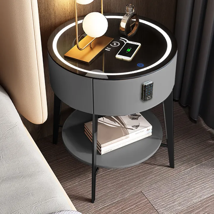 Smart Bedside Table round with Light Password Fingerprint Lock
