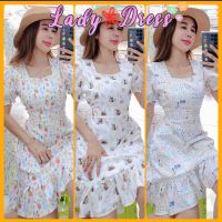 #TV17003?Lady Dress?เดรสสั้นชายระบายลายดอกไม้ แขนตุ๊กตา คอเหลี่ยม