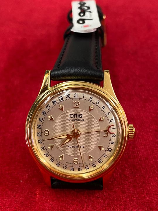 oris-17-jewels-automatic-ตัวเรือนทองชุบ-สี่เข็ม-เข็มชี้วันที่ก้ามปู-นาฬิกาผู้ชาย-นาฬิกาวินเทจมือสองของแท้