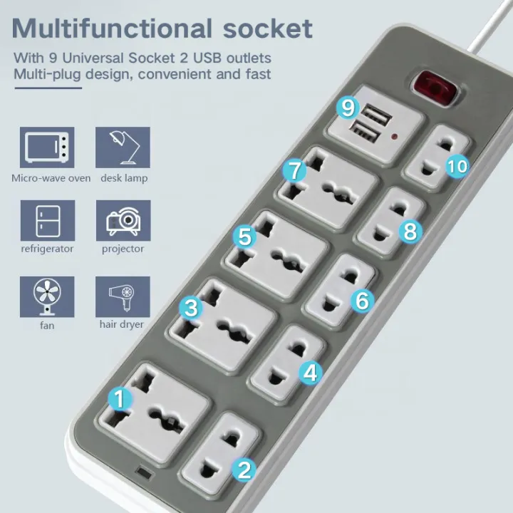 MultiFunction Socket Plug Universal Socket/ Power Board / Power Strip with 10 Outlet with 2USB