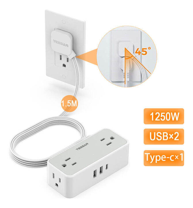 T ESSAN Slim Flat Plug Power Bar with 4 Multiple Outlets 3 USB Ports(1 USB C), 5 Feet Small