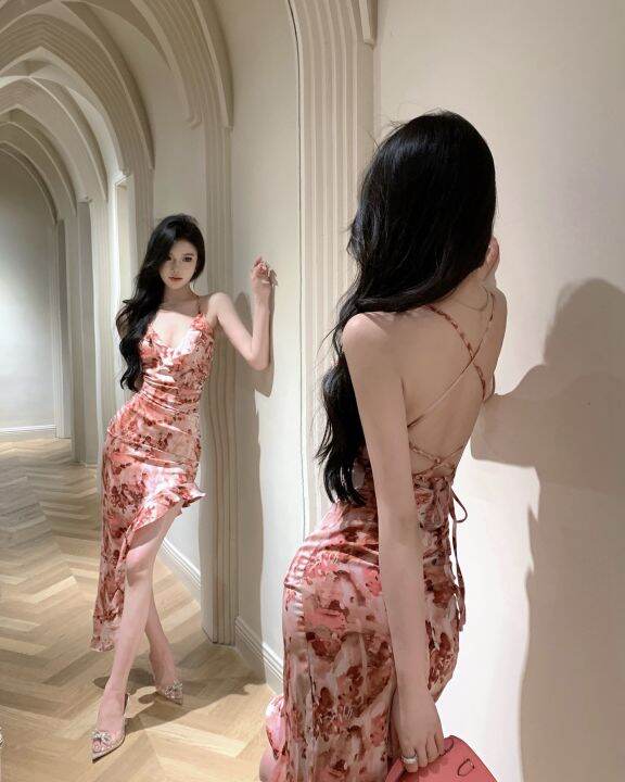 ชุดเดรสสายเดี่ยวหลังสวยเซ็กซี่พิมพ์ลายสวยหวานสำหรับงานปาร์ตี้กระโปรงชายระบายดูแพงสำหรับผู้หญิงเดรสยาวเข้ารูปสไตล์ฝรั่งเศส
