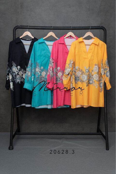 mirrorsister-20628-3-เดรสเชิ้ตคอวีมีปก-เดรสสั้น-มินิเดรส-เดรสแขนยาว-ชุดไปเที่ยว-เดรสลายดอก-ชุดทำงาน-เดรสสีสดใส