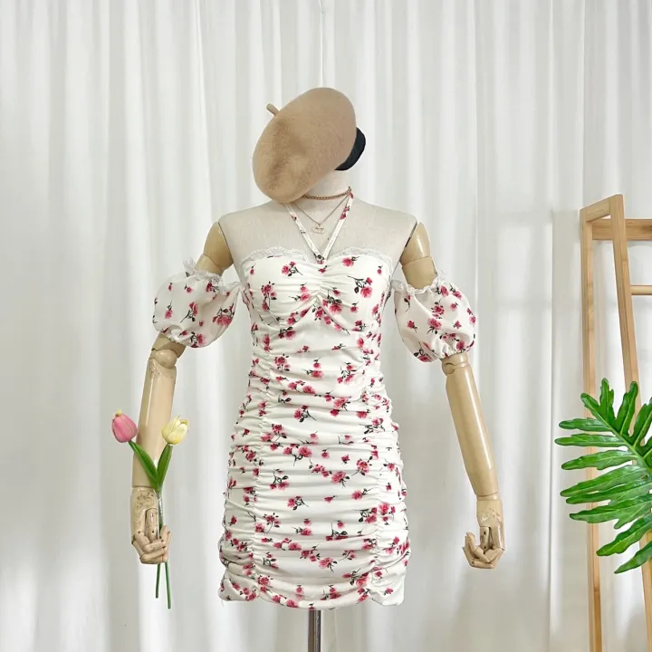 DD229 มินิเดรสเกาหลี มินิเดรสลายดอก งานมีซับในทั้งตัว | Lazada.co.th