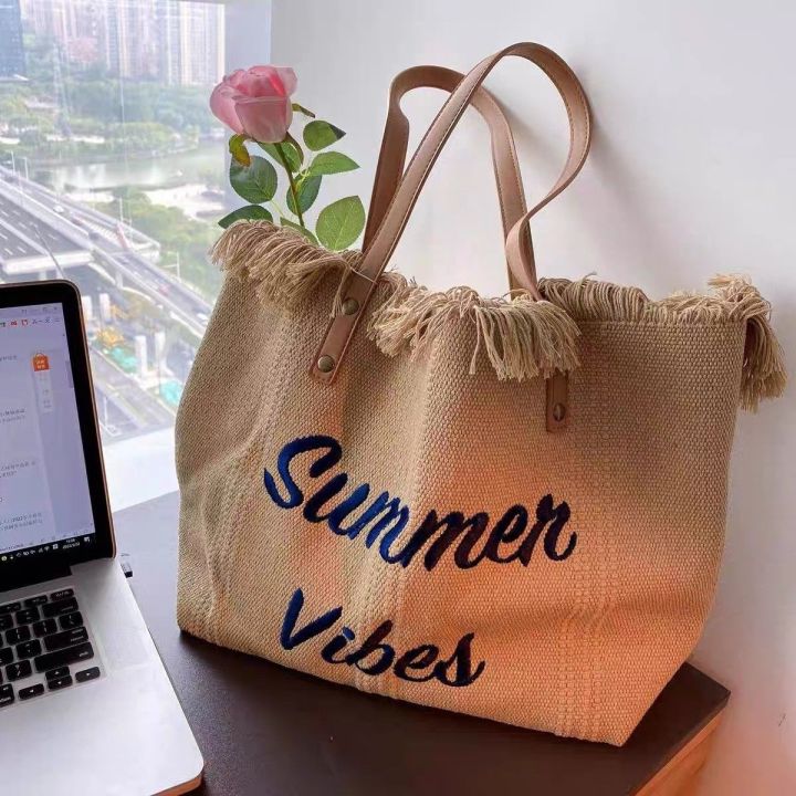 กระเป๋าผ้าแคนวาสลายปัก-summer-vibes-ใบใหญ่จุของได้เยอะงานสวยแบบน่ารักไม่ไก่กาแน่นอนค่ะ-ของจริงสวยเหมือนในรูปเลย