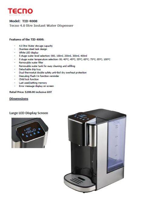 Tecno Instant Boiling water dispenser with detachable water tank and STRIX  water filter TID4008 (1yr warranty) | Lazada Singapore