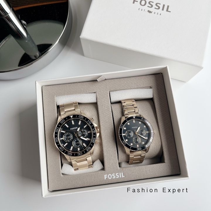 ของแท้100-สีทอง-หน้าปัดดำ-นาฬิกาคู่รัก-fossil-bq2643-his-and-her-day-date-stainless-gold-couple-watch