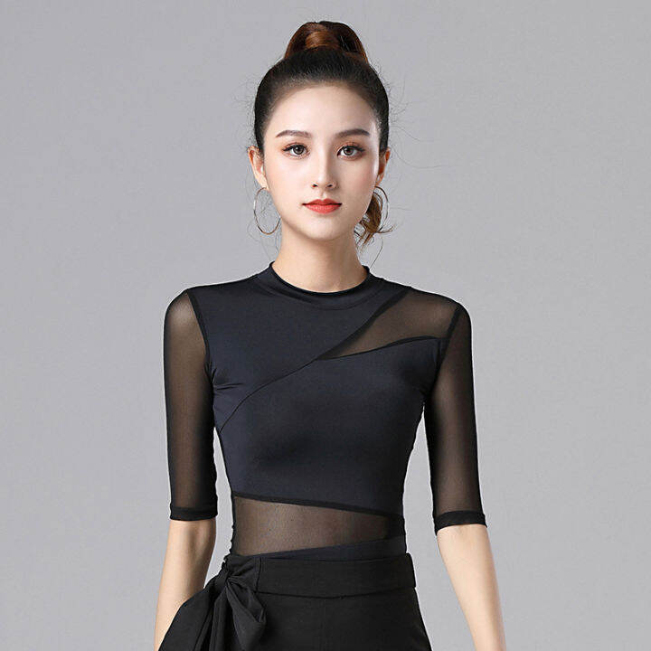 Black Latin Dance Short Sleeve Shirt Sexy Mesh Tops Women Professional Practice Clothes Female 4153