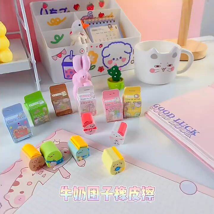 Sanrio Eraser With Mini Milk Box Melody Kuromi Cinnamoroll Purin Kitty ...