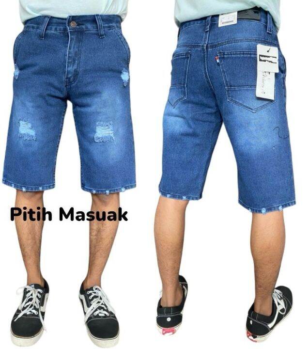celana pendek jeans sobek terbaru model v biru tua