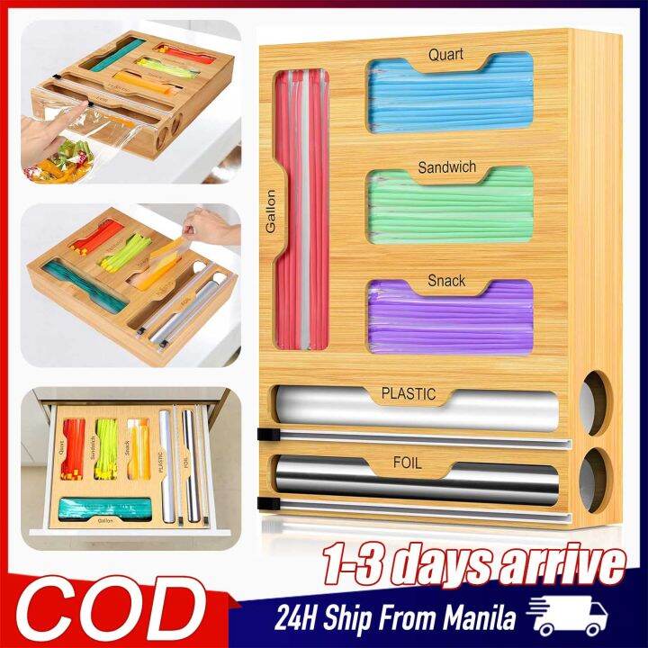 Bamboo Cling Wrap Dispenser with Slide Cutter 6 in 1 Storage Foil and