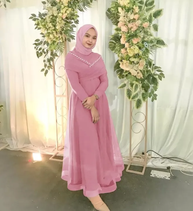 Baju Gamis Gaun Dress Muslim Acara Pesta Lamaran Kondangan Tunangan Formal Wisudaan Wanita Terbaru 22 Lebaran