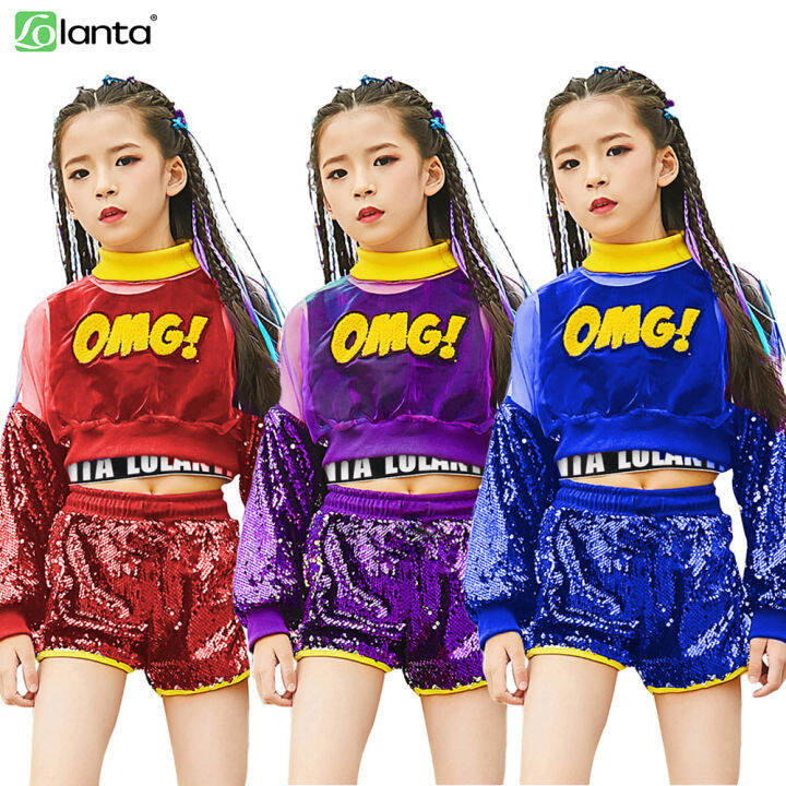 LOlanta Kids Girls Purple Sequin Dance Costumes Mesh Top Shorts with ...