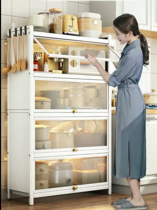 Simple Carbon Steel Kitchen Cabinets Floor Rack with Flip Door  Multi-function Microwave Oven Storage Cabinet Multi-layer Shelf U