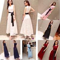 0450  MaxiDress เดรสผ้าลูกไม้ทรงยาว แขนกุด แต่งโบว์ผูก ริ้บบิ้น