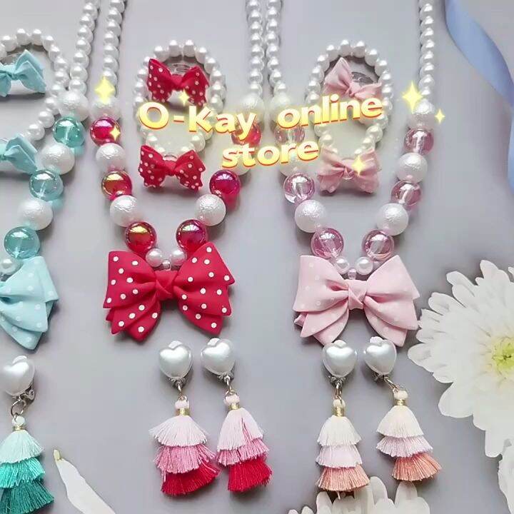 OKAY Baby Girl Fabric Bow Alloy Necklace Bracelet Set 5Pieces Kids