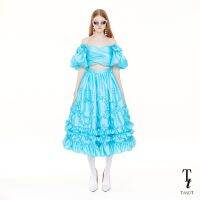 TandT - CHANBERLIAN Skirt - RUFFLE BOW-SHAPED TRIMMED MIDI SKIRT กระโปรงยาวทรงบาน รูดย้วยระบายพองบาน ตกแต่งกดระบายรูปโบว์รอบกระโปรง ผ้าไหมทาฟต้า