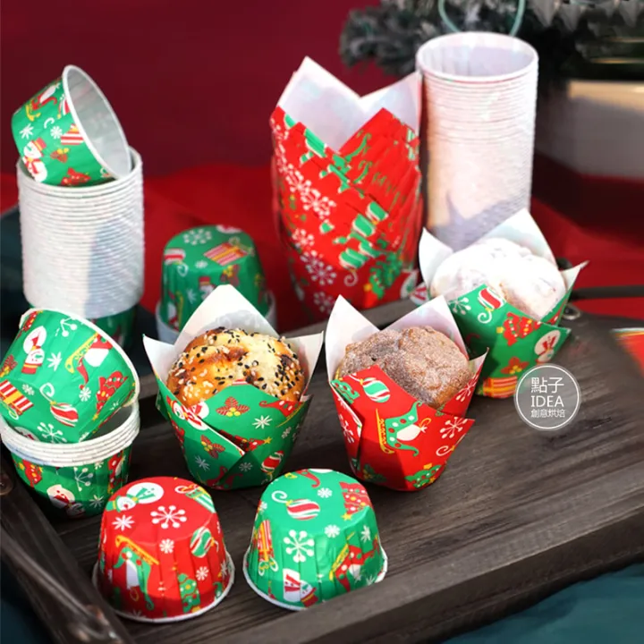 2023คริสมาสต์ใหม่ขอบม้วนดอกทิวลิปคัพเค้กถ้วยกระดาษเบเกอรี่กันน้ำมันคัพเค้ก DIY ถ้วยแข็ง