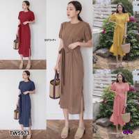 5973 Maxi Dress แม้กซี่เดรส สีพื้นเรียบแขนตุ๊กตา มีเชือกผูกโบว์เอวเก็บทรงสวย