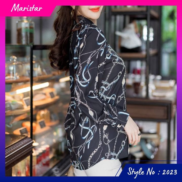 maristar-2023-เสื้อแขนยาวพิมพ์ลาย-printed-long-sleeve-blouse-เนื้อผ้าpolyester100-พิมพ์-ลาย-เนื้อผ้านิ่มและลื่นใส่สบาย-ใส่ไม่ร้อน-ใส่ไม่ยับ