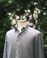 navy gingham seersucker button-down collar long sleeve shirt