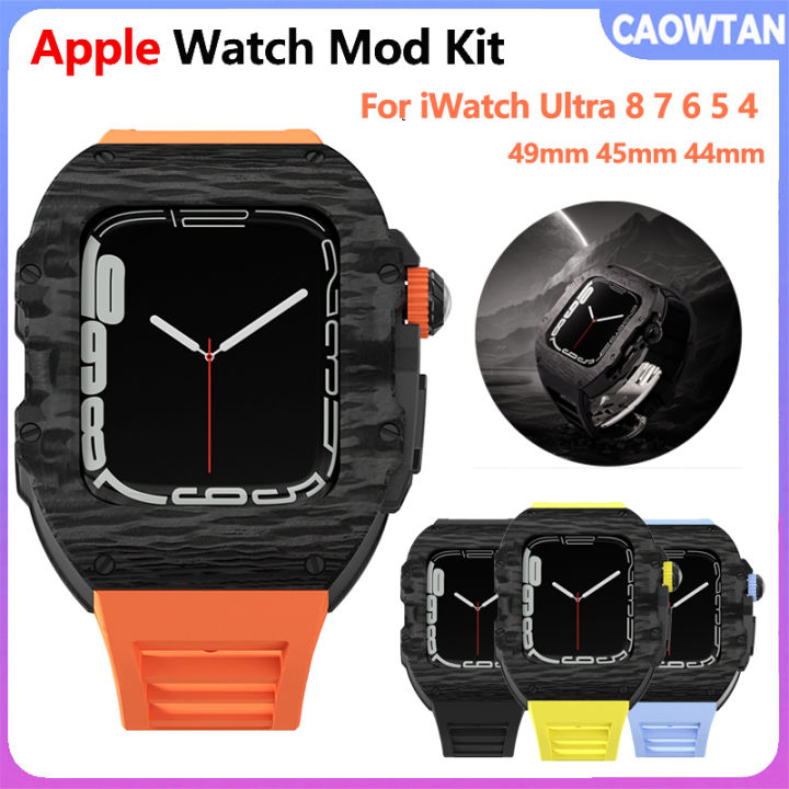 For Apple Watch Ultra 49mm Mod Kit Carbon Fiber Case Fluororubber Band 44mm  45mm