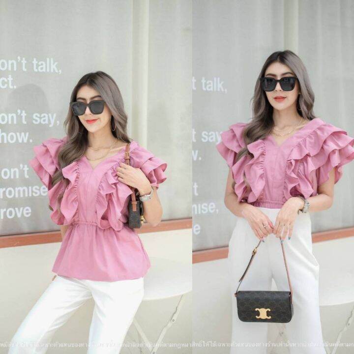 เสื้อคอวีหน้า-วีหลัง-ระบายแขน-3ชั้น-ขนาดฟรีไซร้