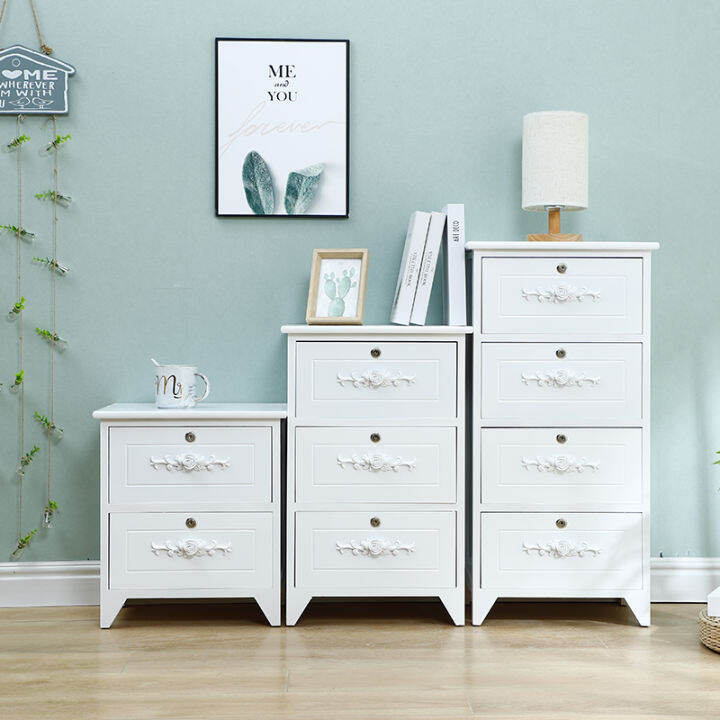 Simple Pastoral White Solid Wood Bedside Table with Lock Drawer Living