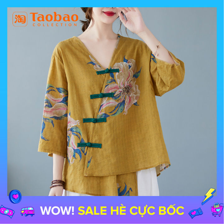 Hán Phục Bất Đối Xứng Cotton Lanh Áo Sơ Mi Áo Trung Niên Mùa Hè Áo