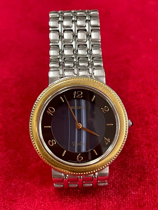 seiko-dolce-quartz-ตัวเรือนสแตนเลส-ขอบทองคำแท้-18-k-นาฬิกาผู้ชาย-มือสองของแท้