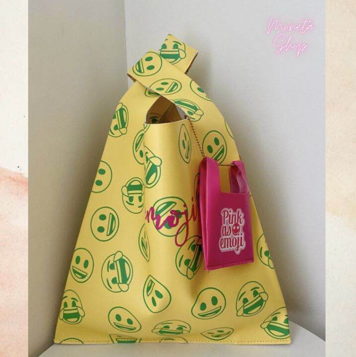 พร้อมส่งจากไทย-moneta-emoji-shopping-bag-กระเป๋าช้อปปิ้ง-มาพร้อมกระเป๋าใบจิ๋ว-กระเป๋าถือ-กระเป๋าใส่ไอแพด-กระเป๋าใส่โน้ตบุ้ค-วัสดุอย่างดี-ใส่ของหนักไม่เสียทรง