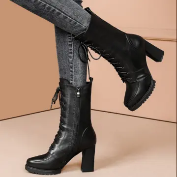 Amazon.com: Womens Motorcycle Boots Riding Boots Combat Boots for Women  Fashion Leather Lace Up Knee High Boots Low Heel Gothic Punk Boot Chunky  Heel Goth Boots Over the Knee Mid Calf Winter
