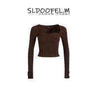 Sldoofel เสื้อตัวในสำหรับฤดูใบไม้ร่วงเสื้อผ้าถักคอเหลี่ยมแขนยาวเข้ารูปเอวสูงออกแบบพิเศษแบบสั้นสไตล์ตะวันตกสำหรับผู้หญิง