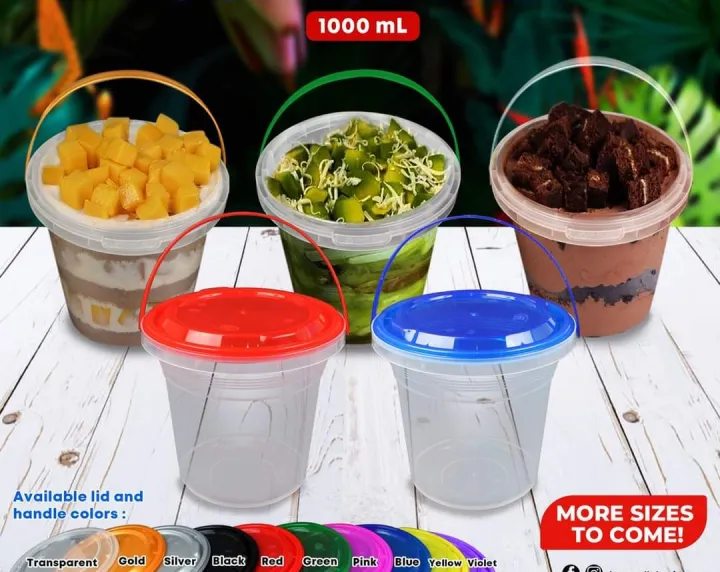 1L CLEAR PLASTIC BUCKET WITH LID & HANDLE COLORED LID COVER HANDLE
